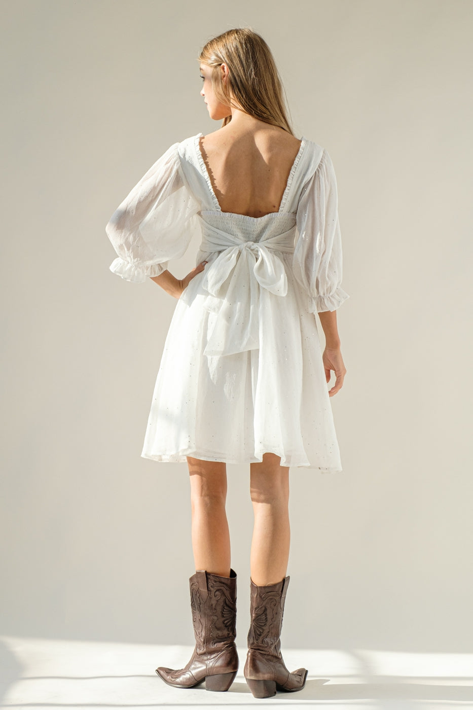 Chiffon Metallic Star Mini Dress with 3/4 Sleeves and Tie Back