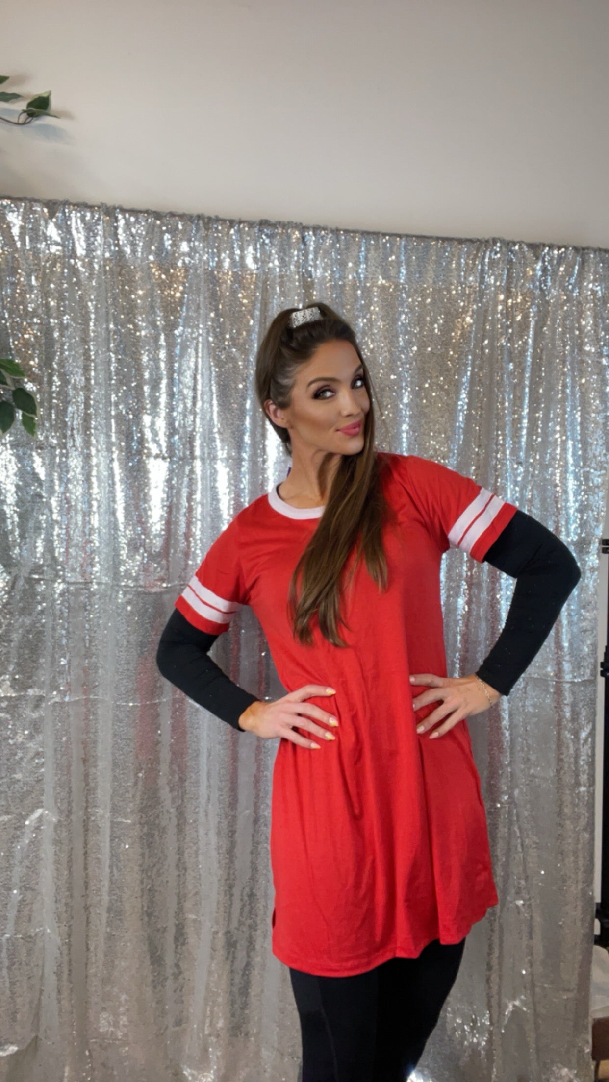 Red and White Striped Sleeve Shirt Dress