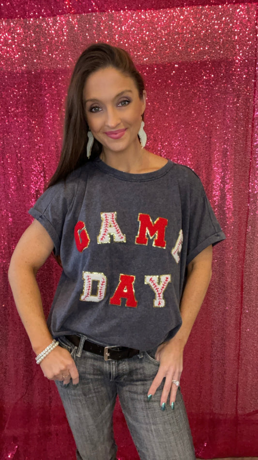Baseball Gold Glitter Chenille Lettering Game Day Boyfriend Top