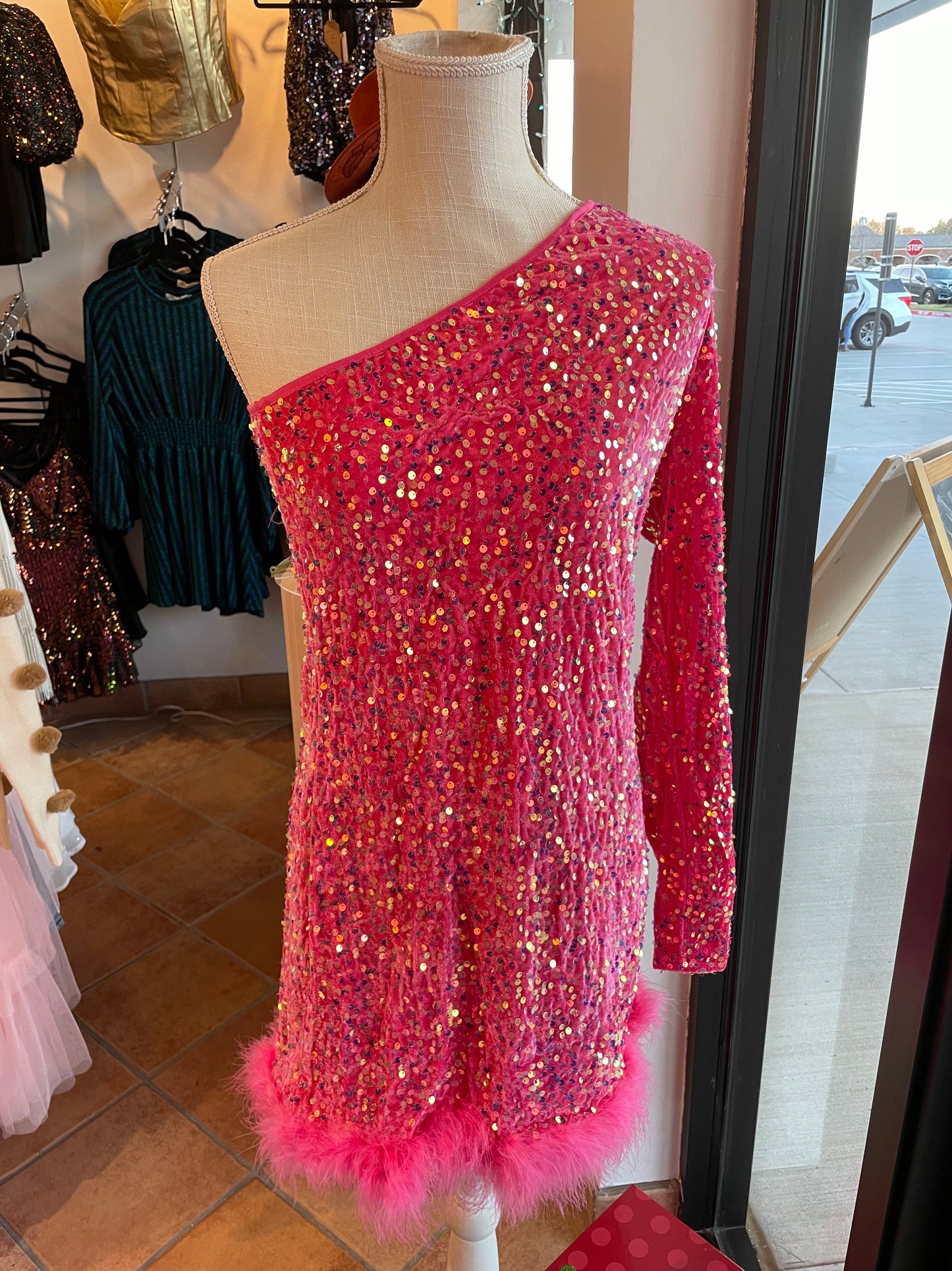 Off Shoulder Sequin Party Dress with Feathers