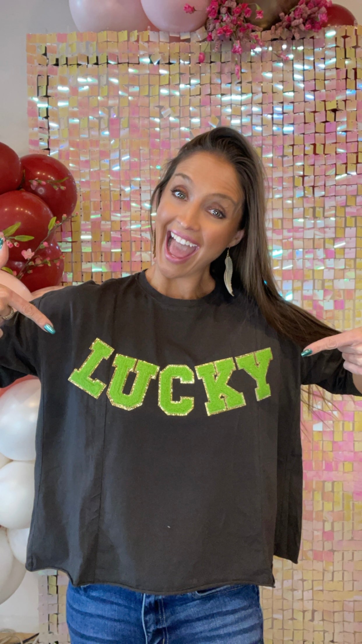 LUCKY Gold Glitter with Green Chenille Letters Mom Crop