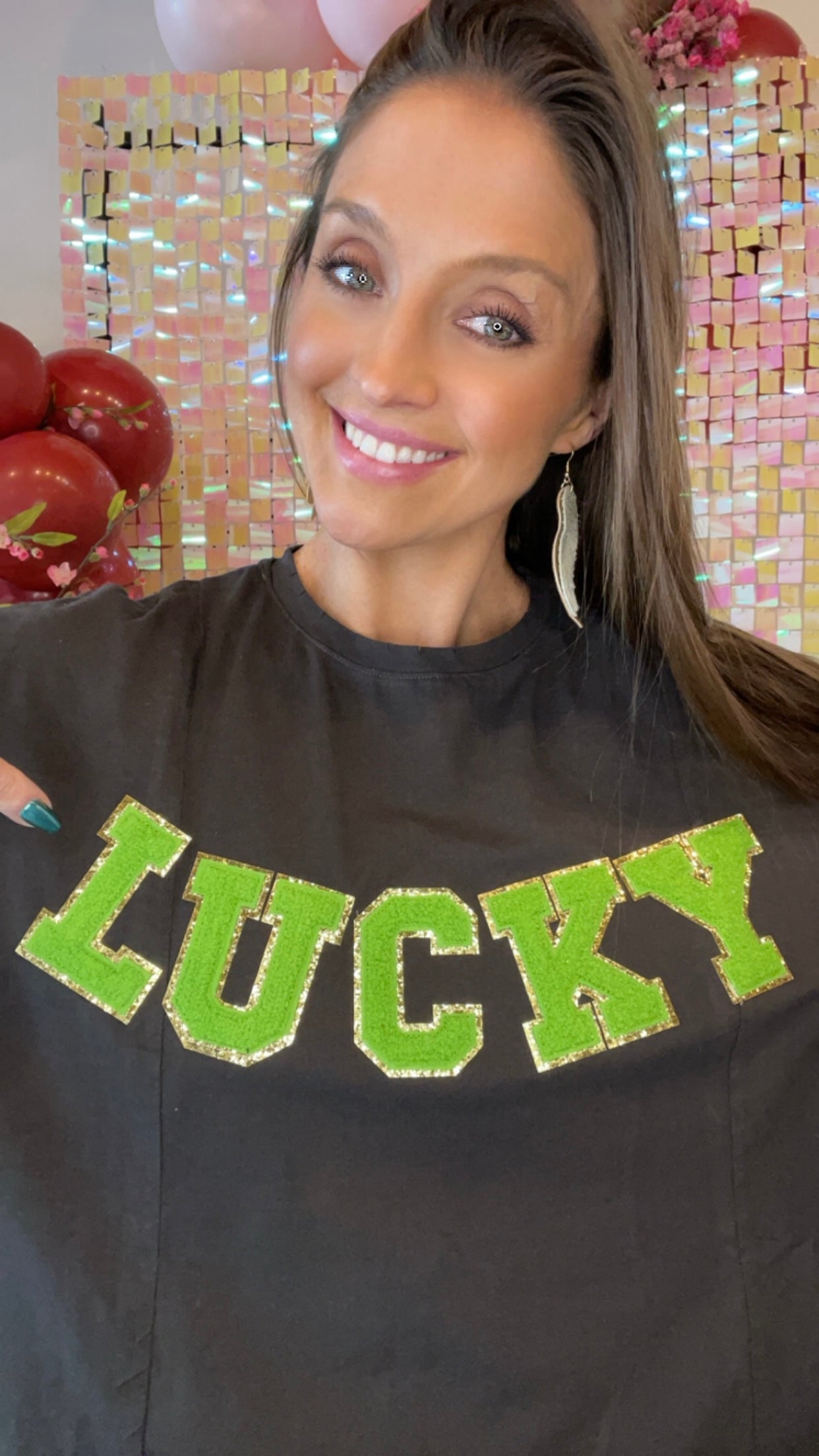 LUCKY Gold Glitter with Green Chenille Letters Mom Crop
