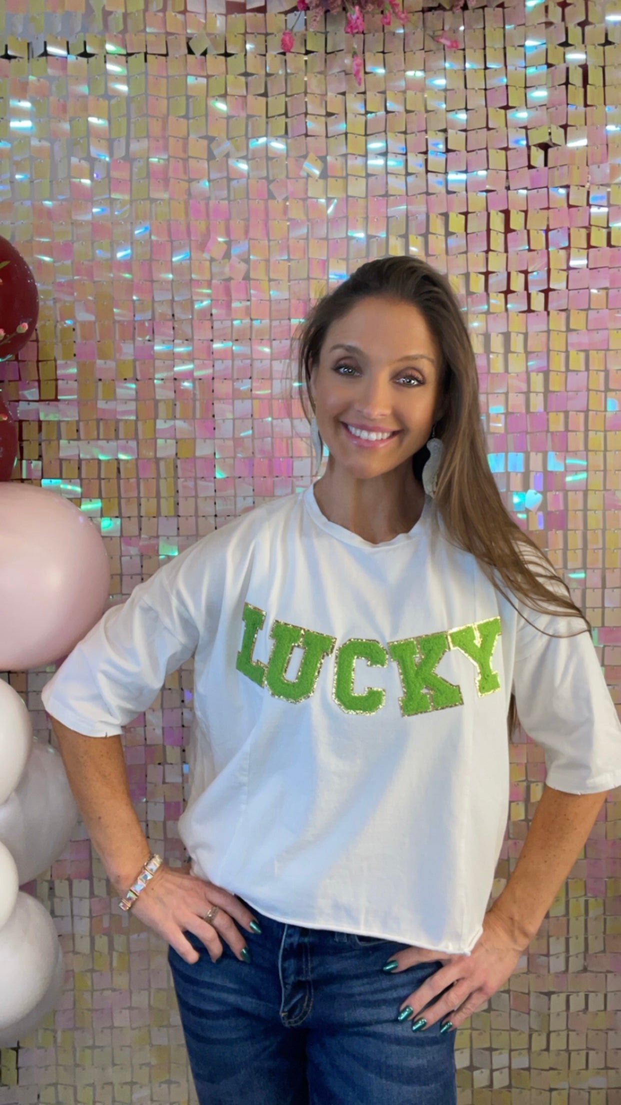 LUCKY Gold Glitter with Green Chenille Letters Mom Crop