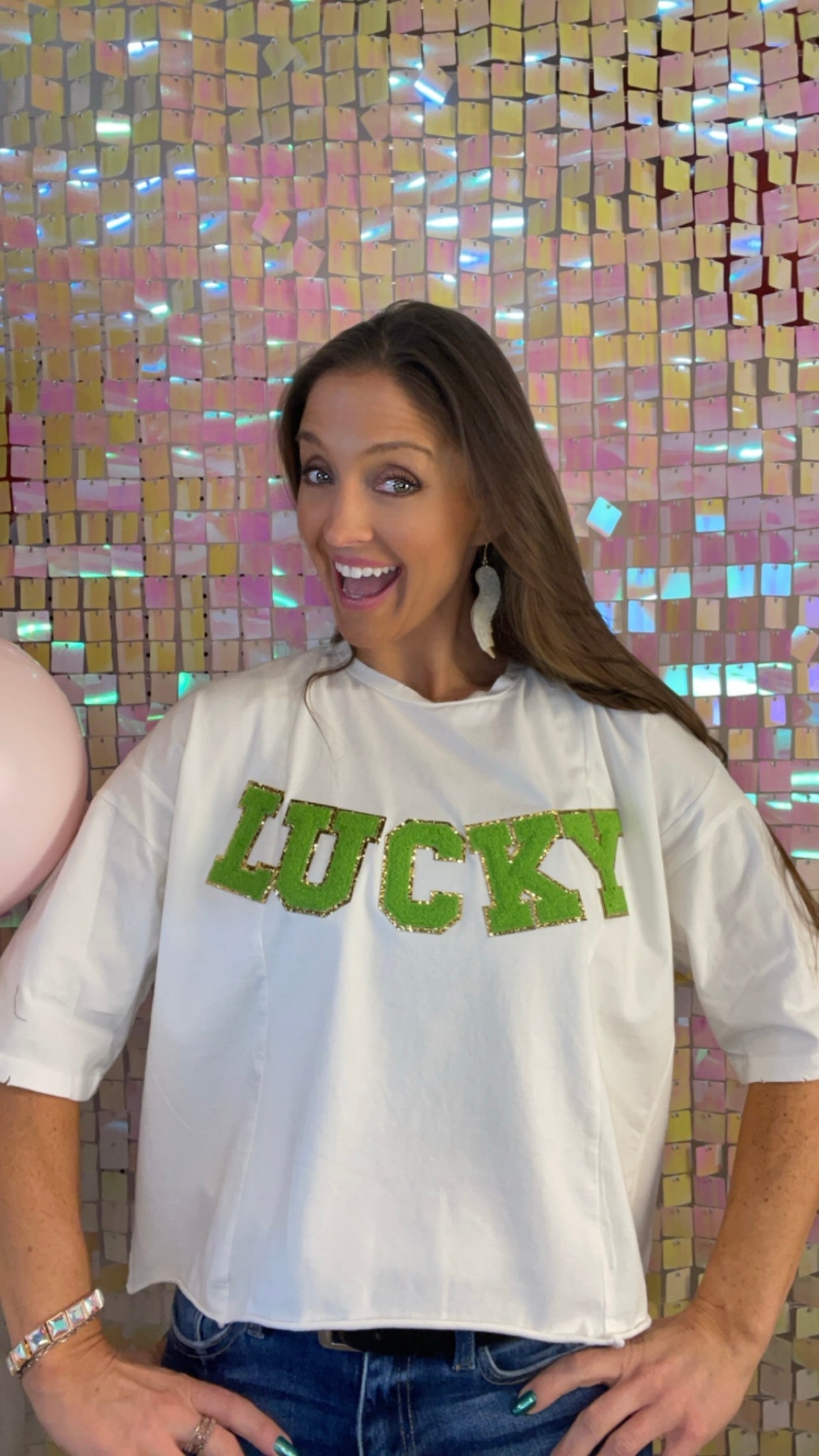 LUCKY Gold Glitter with Green Chenille Letters Mom Crop