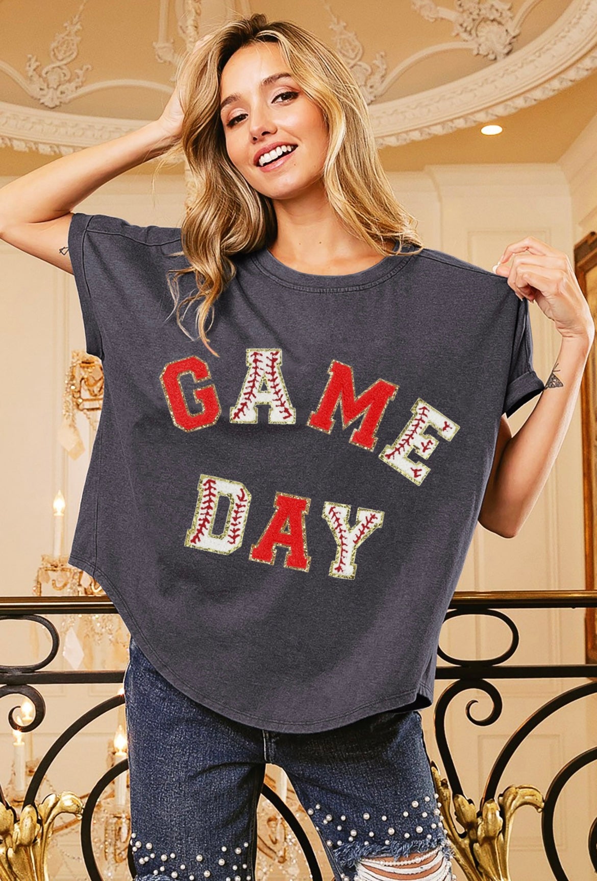 Baseball Gold Glitter Chenille Lettering Game Day Boyfriend Top