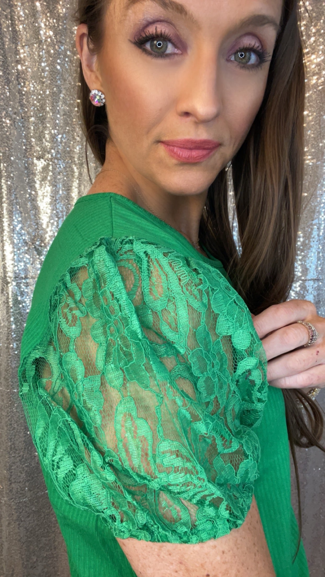 Green Floral Lace Sleeve Ribbed Top