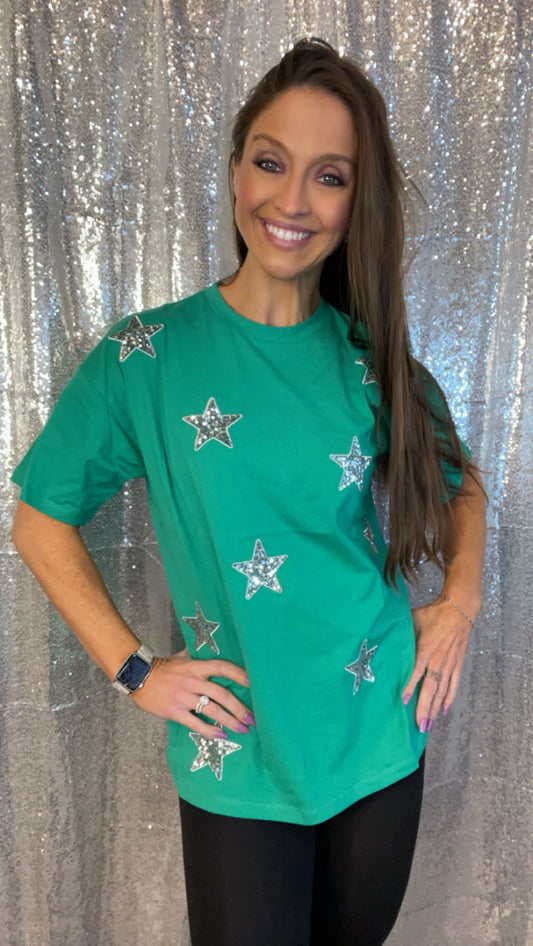 Green and Silver Sequin Star Top