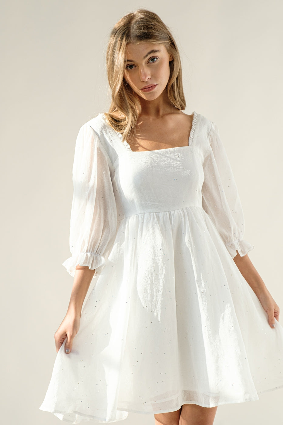Chiffon Metallic Star Mini Dress with 3/4 Sleeves and Tie Back
