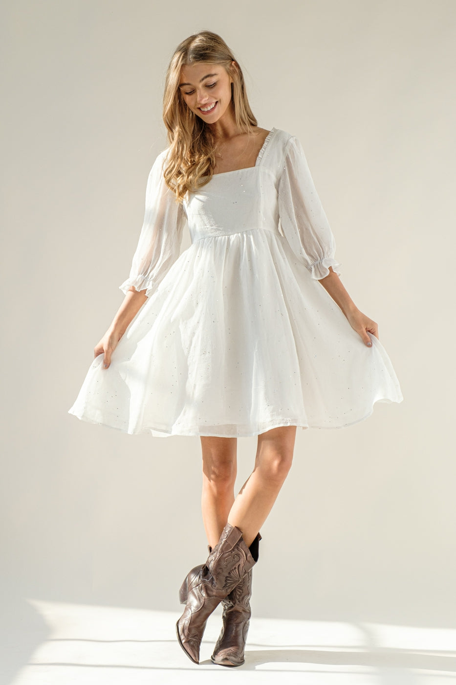 Chiffon Metallic Star Mini Dress with 3/4 Sleeves and Tie Back