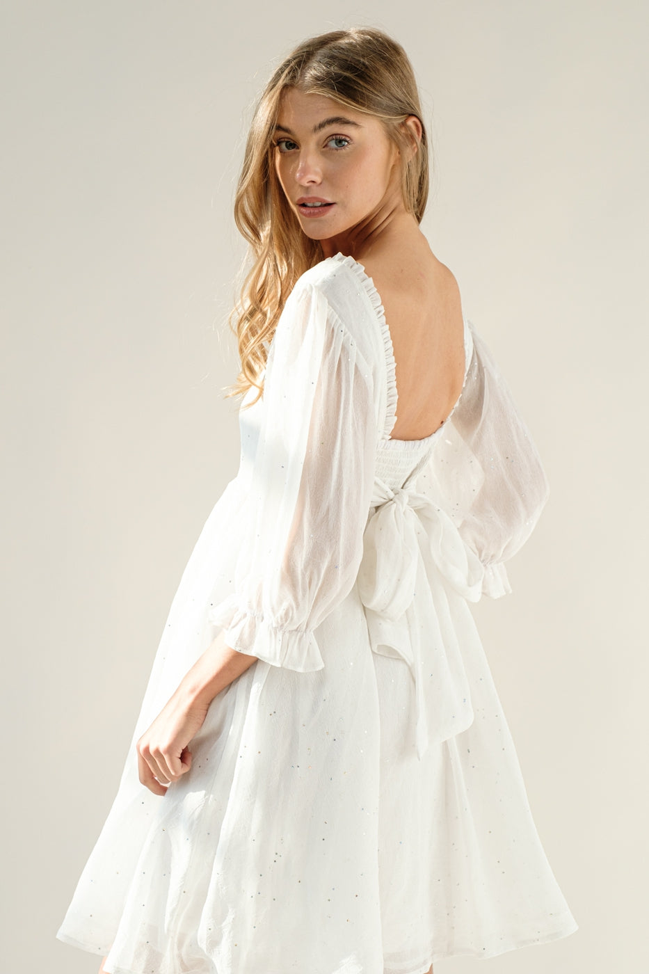 Chiffon Metallic Star Mini Dress with 3/4 Sleeves and Tie Back