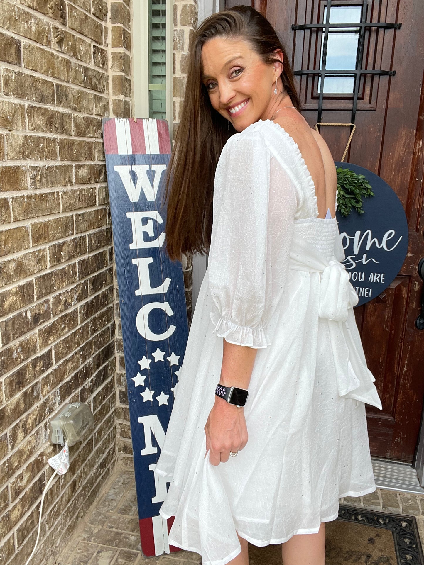 Chiffon Metallic Star Mini Dress with 3/4 Sleeves and Tie Back