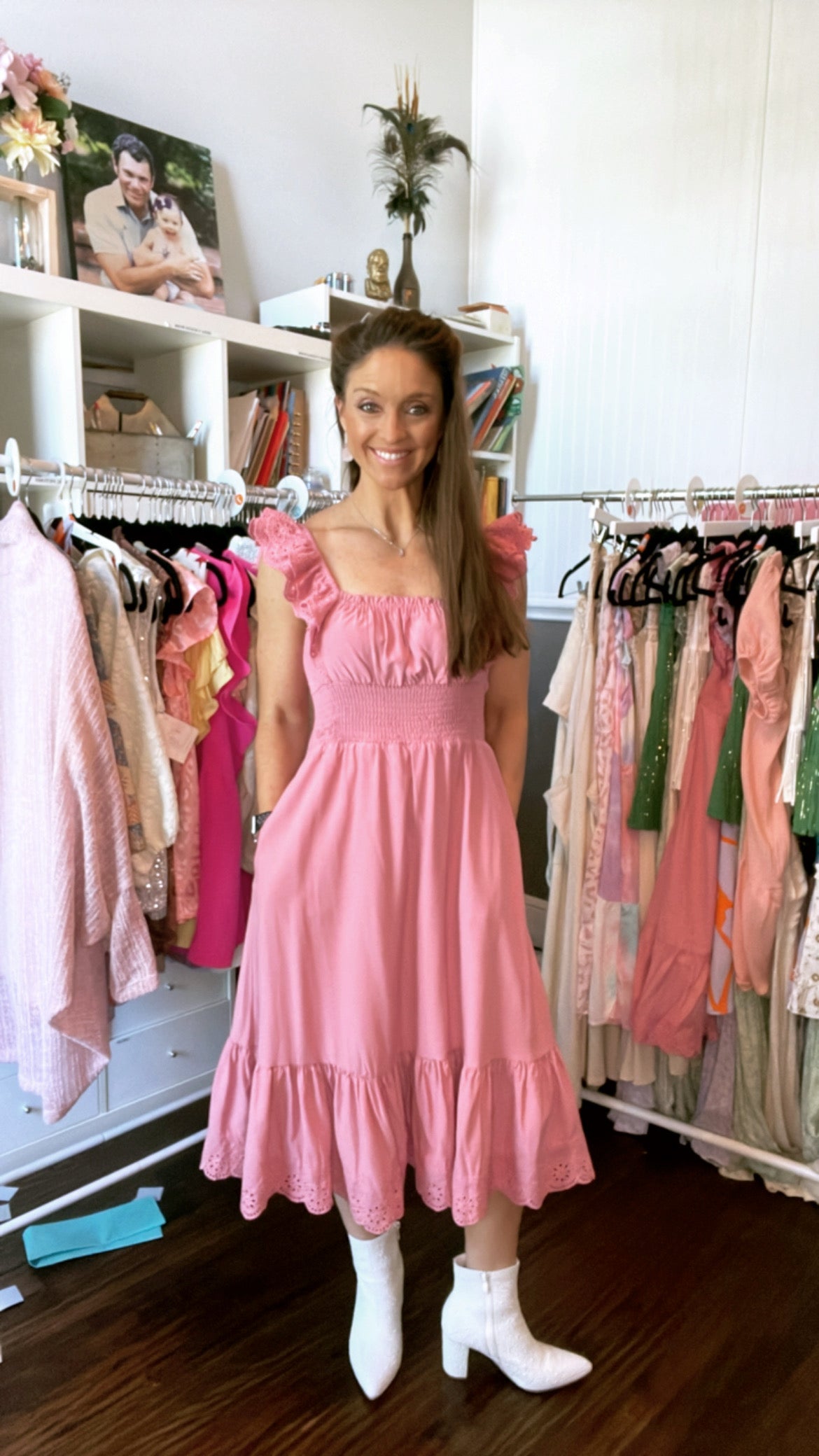 Dusty Pink Eyelet Sleeve Dress with Pockets