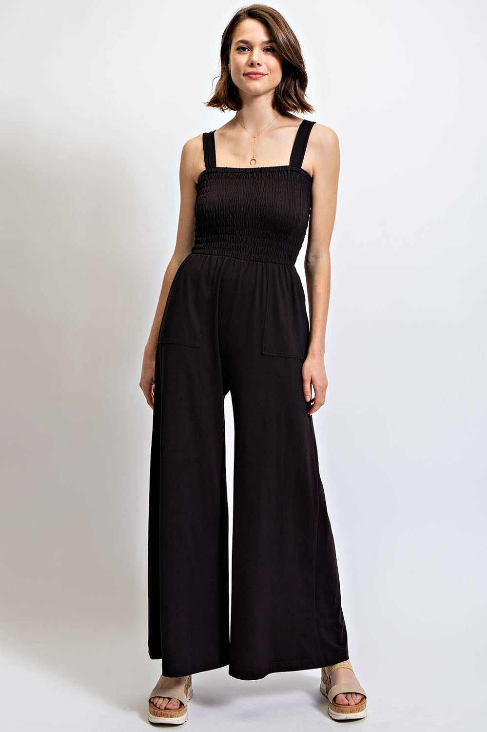 Butter Soft Smocking Wide-legged Jumpsuit with Pockets for Women