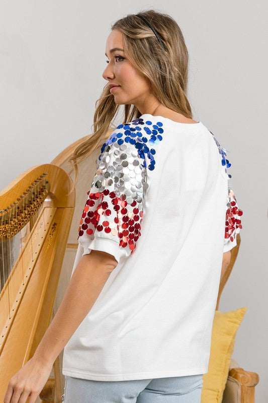 AMERICA LETTER APPLIQUE SPANGLE PUFF SLEEVES TOP
