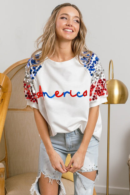 AMERICA TOWEL LETTER SPANGLE & SPARKLE PUFF SLEEVES TOP