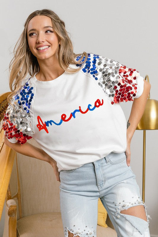 AMERICA LETTER APPLIQUE SPANGLE PUFF SLEEVES TOP