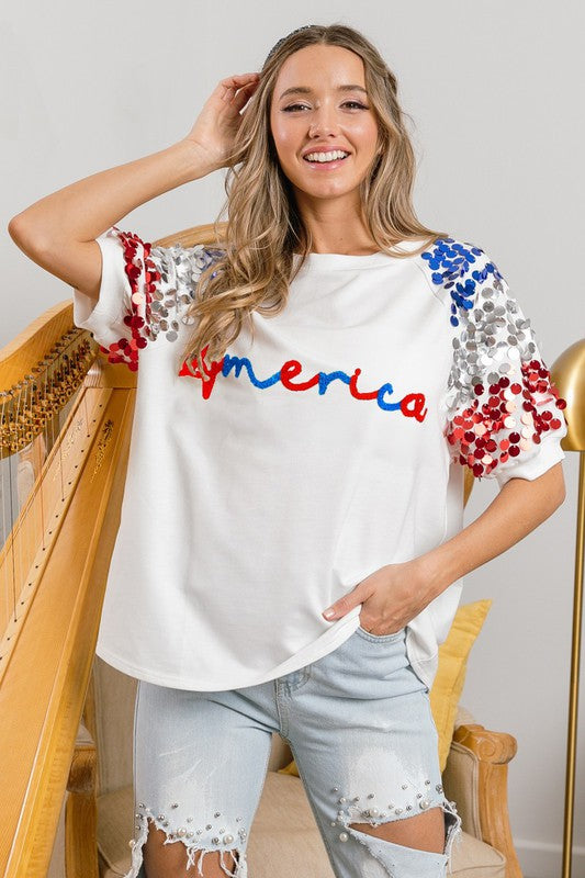 AMERICA TOWEL LETTER SPANGLE & SPARKLE PUFF SLEEVES TOP