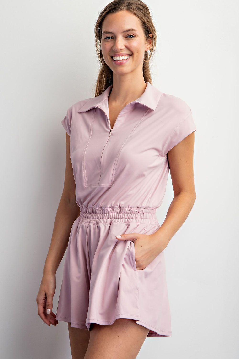 BUTTERY SOFT RECYCLED MICROFIBER SHORT SLEEVE QUARTER ZIP ROMPER