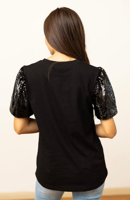 Black Sequin Short Sleeve Football Top