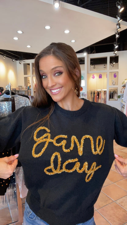 BLACK AND GOLD GAME DAY METALLIC LETTER SHORT PUFF SLEEVE SWEATER