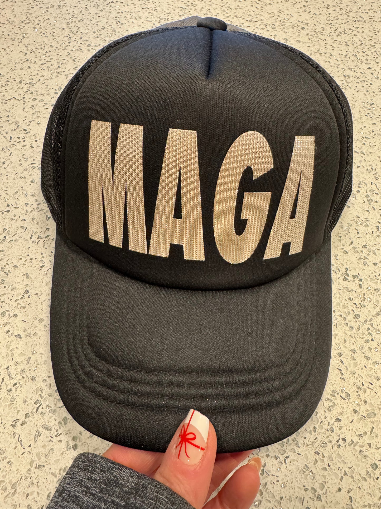 Dark MAGA Reflective Athletic Caps or Foam Trucker Hats in Reflective Ombré or Whote Gold