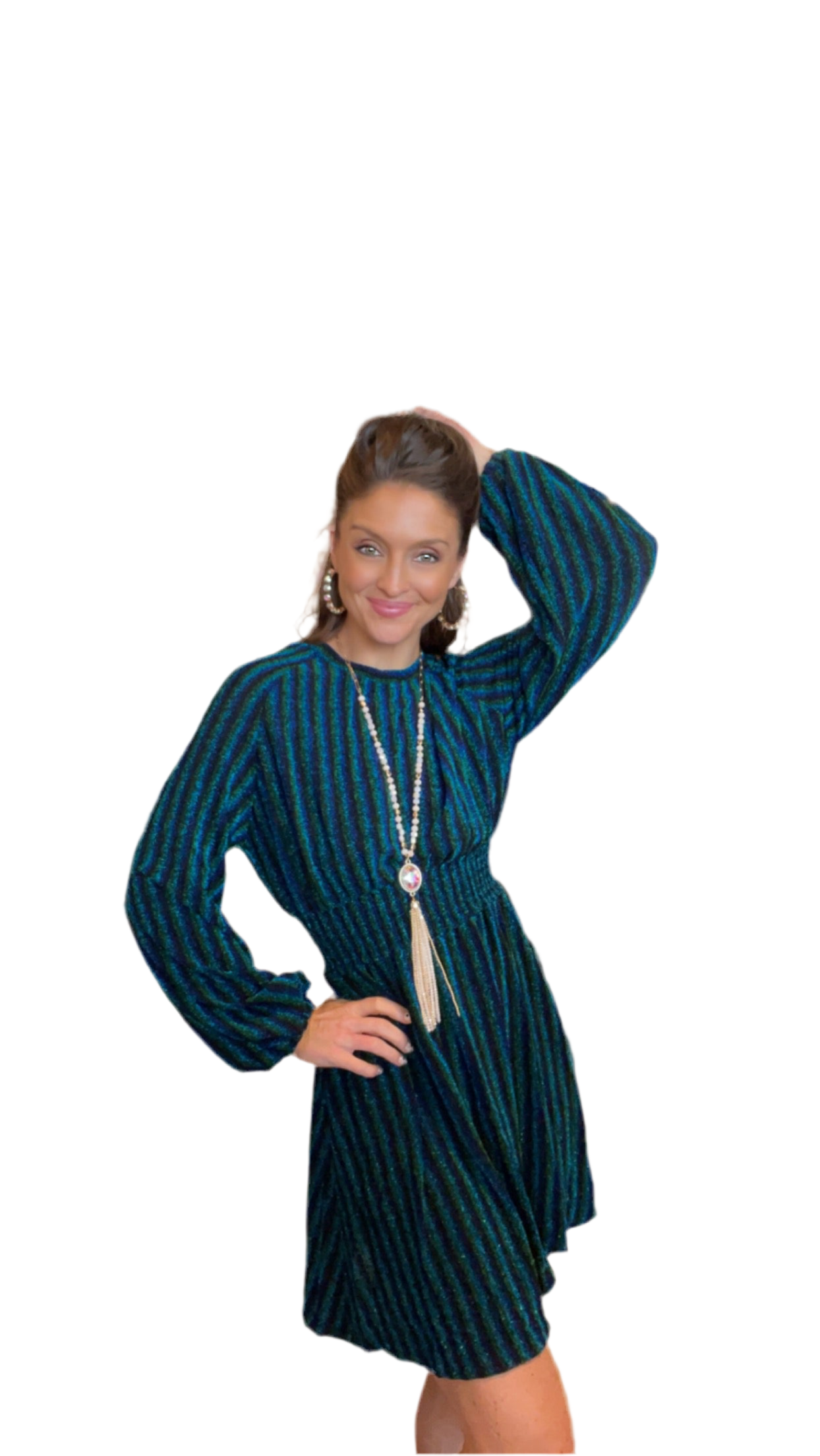 Peacock Striped Sparkle Long Sleeve Dress