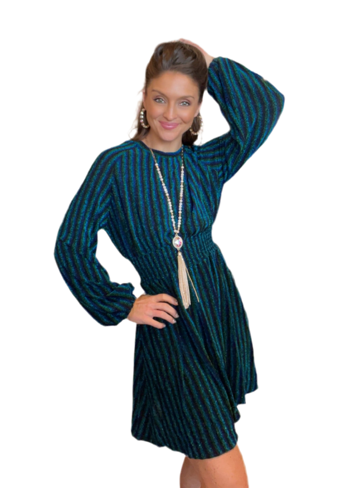 Peacock Striped Sparkle Long Sleeve Dress