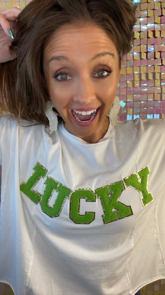 LUCKY Gold Glitter with Green Chenille Letters Mom Crop