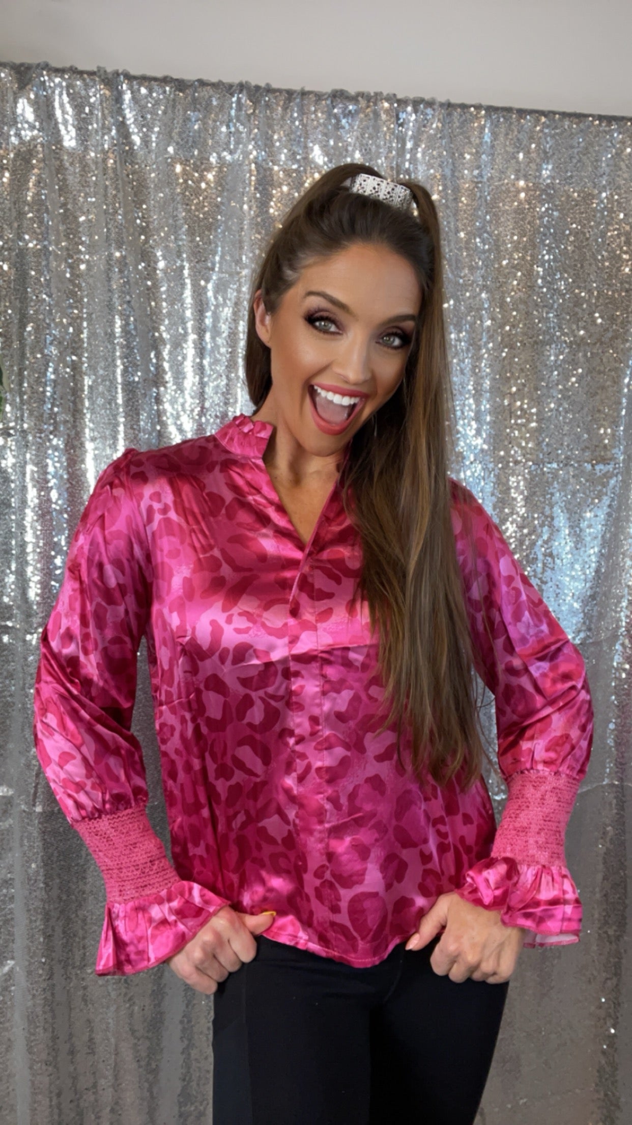 Pink Leopard Cinched Sleeve Boss Top