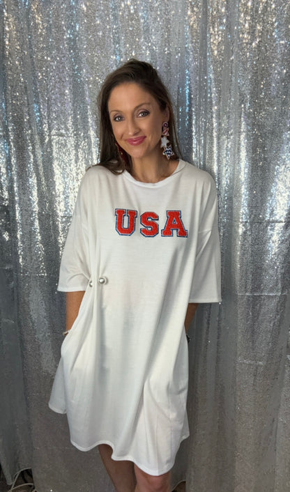 USA Glitter Chenille Pearl Shirt Dress with Pockets