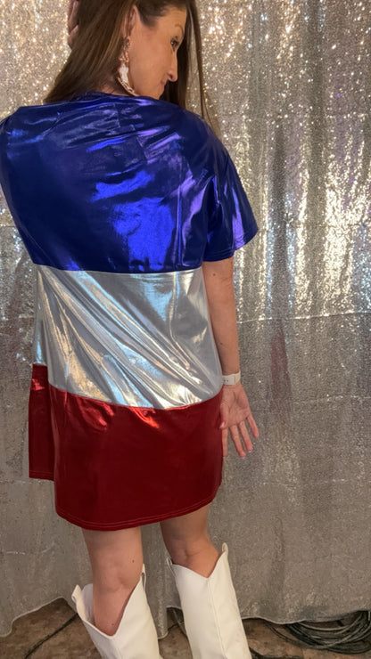 Metallic Red, Silver & Blue Shirt Dress