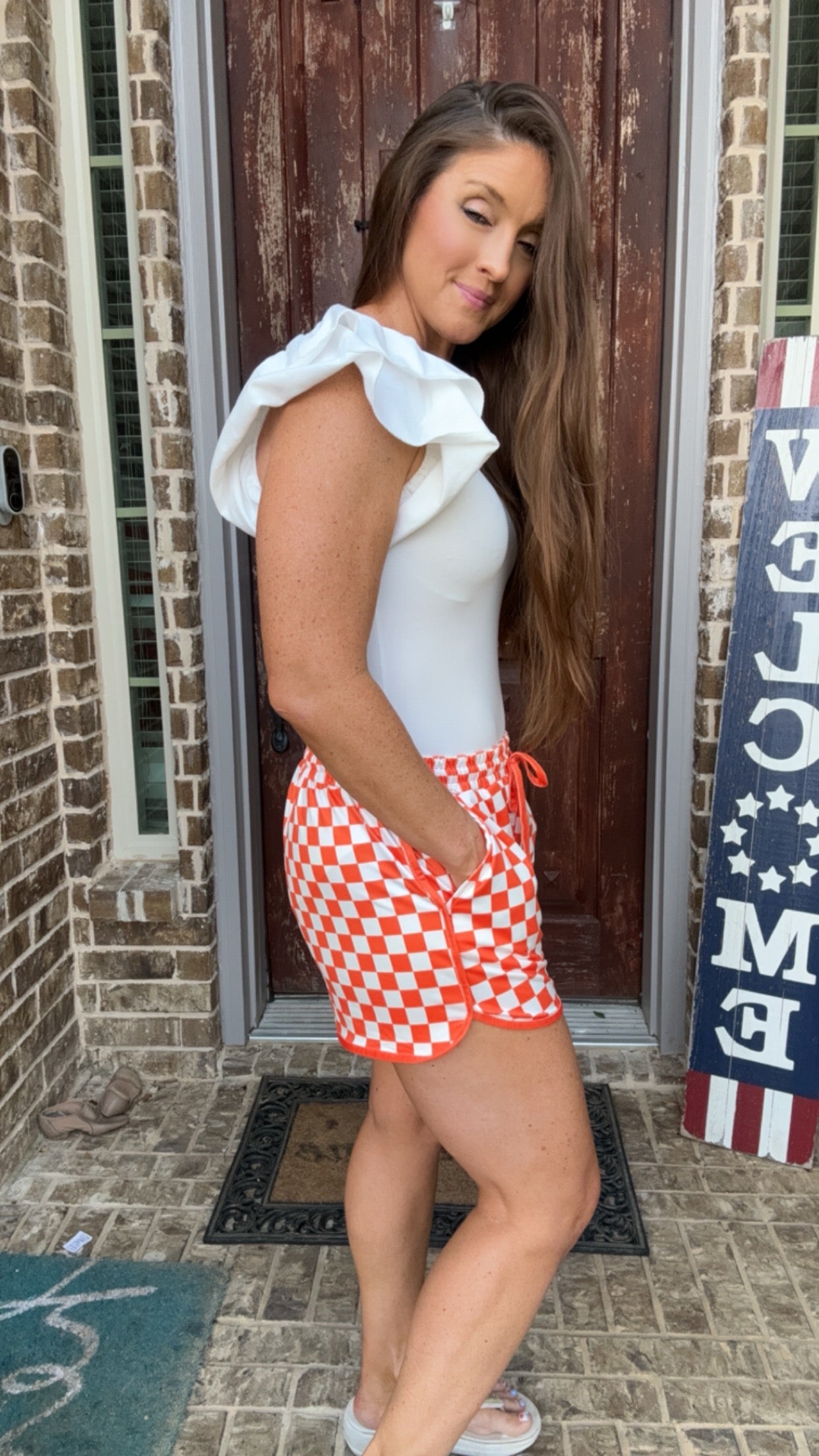 Checkered Drawstring Game Day Shorts with Pockets