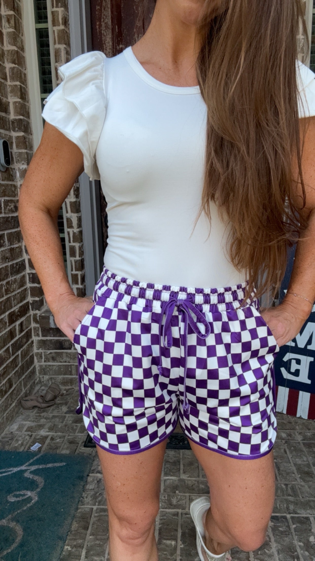 Checkered Drawstring Game Day Shorts with Pockets