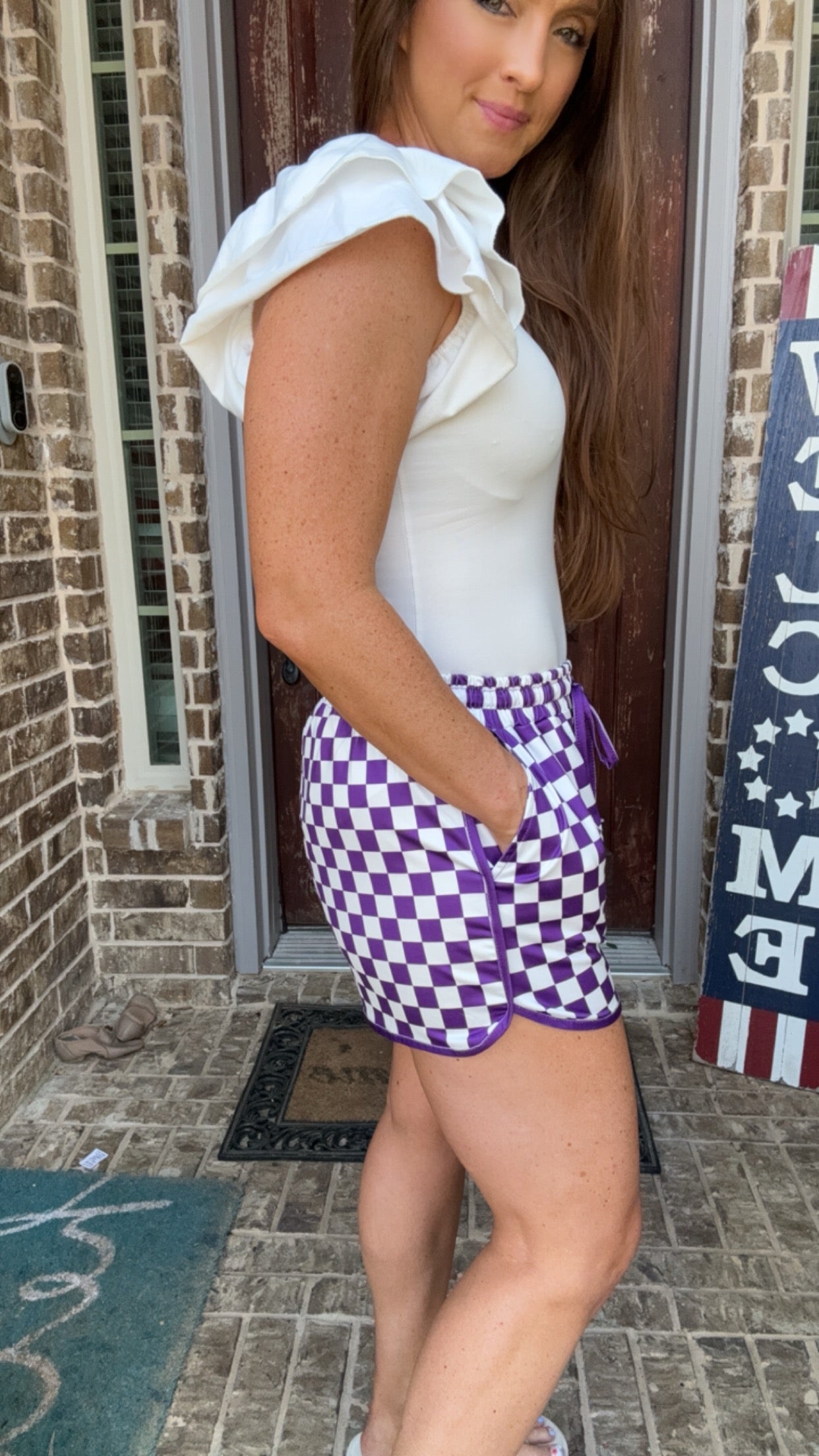 Checkered Drawstring Game Day Shorts with Pockets