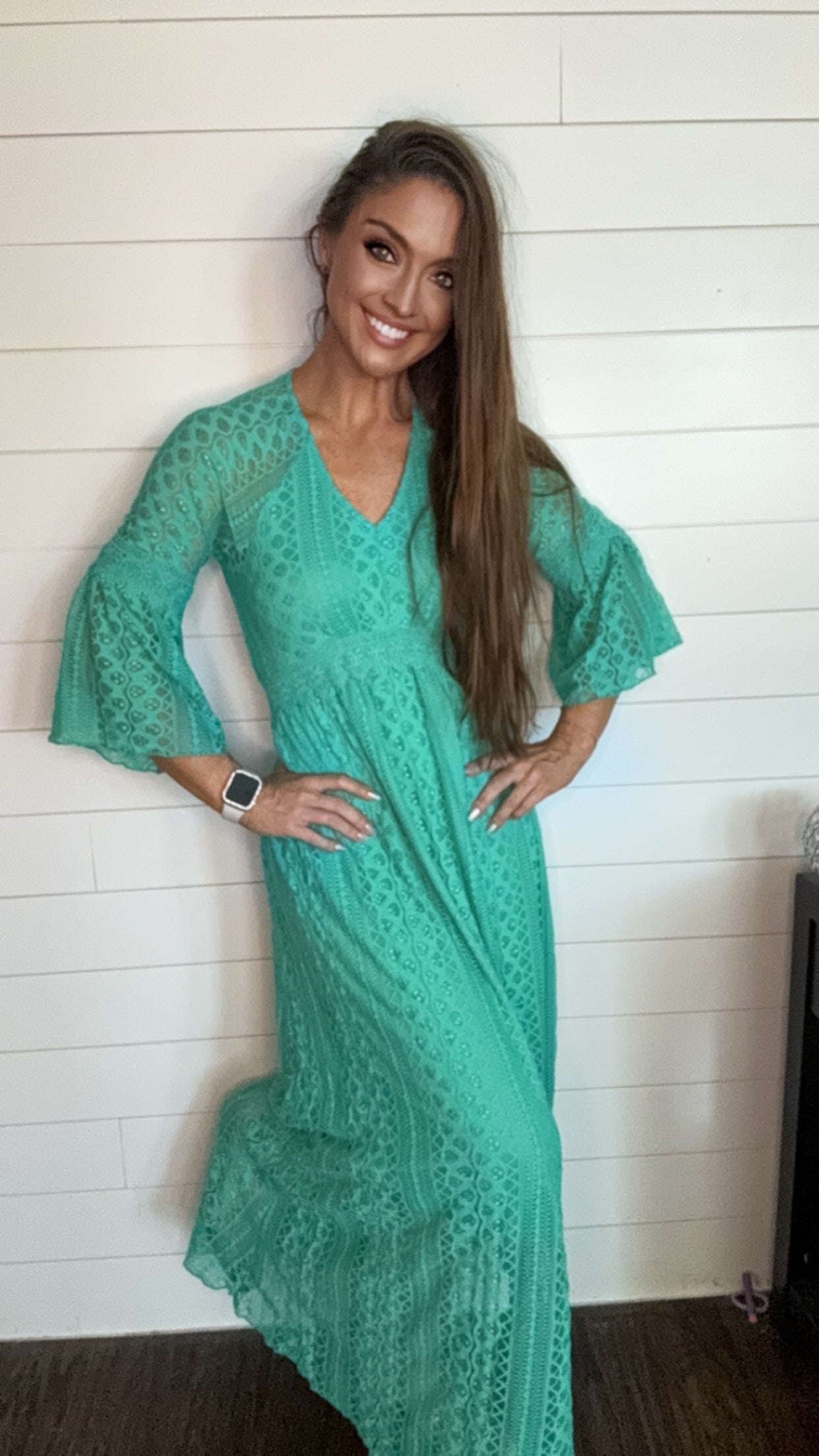 Teal or Black 3/4 Bell Sleeve Lace Maxi Dress