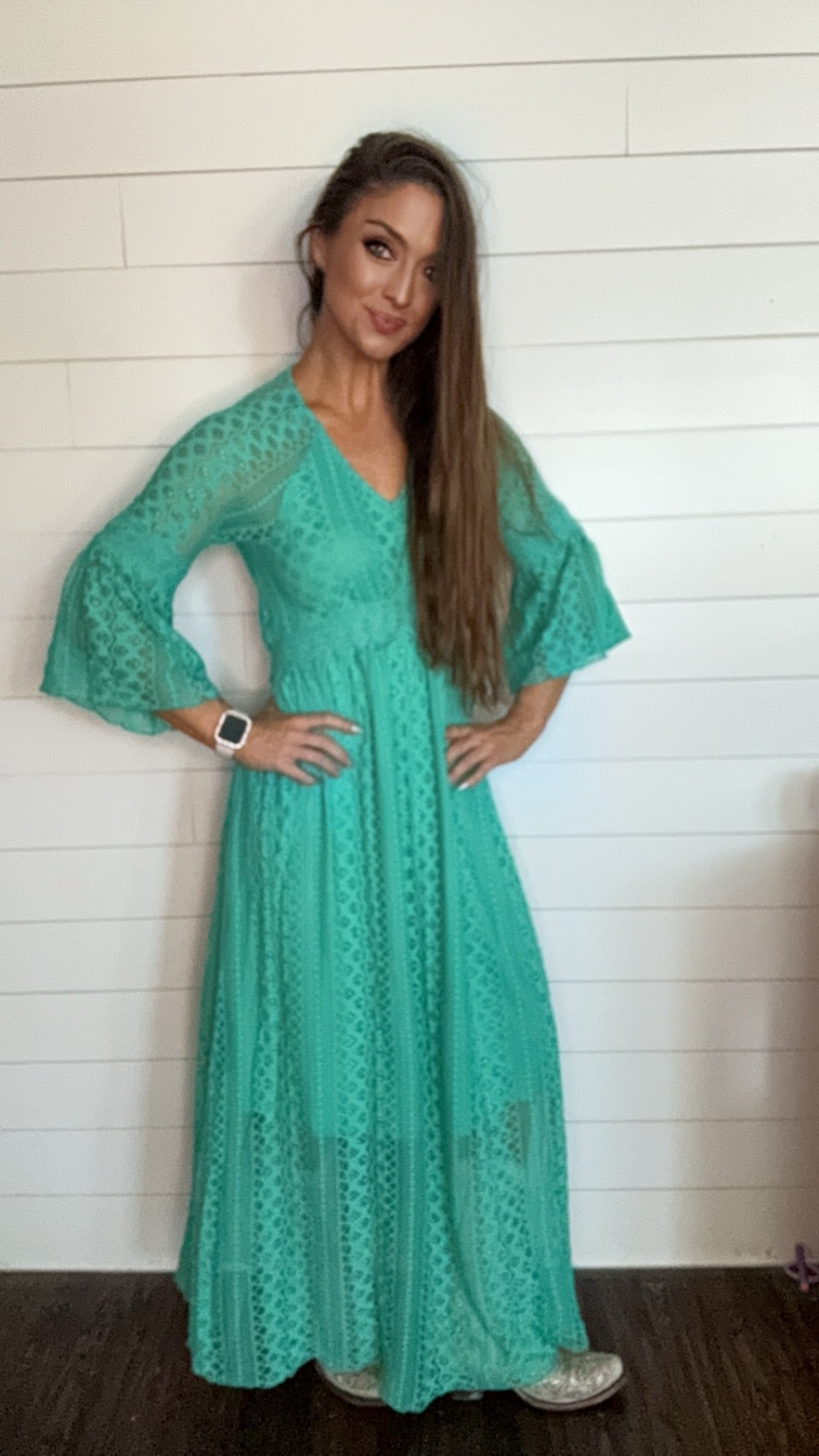 Teal or Black 3/4 Bell Sleeve Lace Maxi Dress