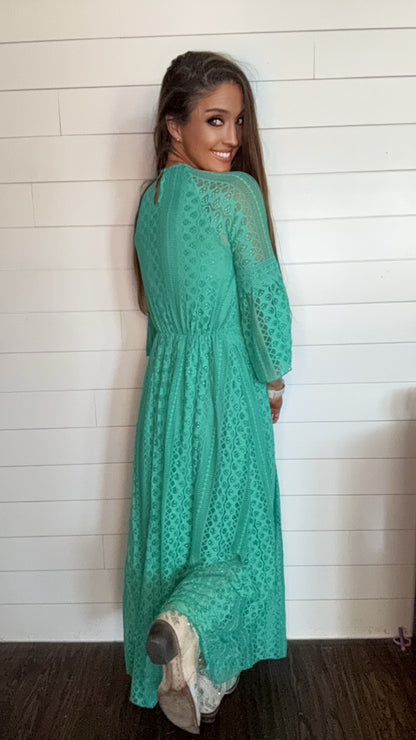 Teal or Black 3/4 Bell Sleeve Lace Maxi Dress