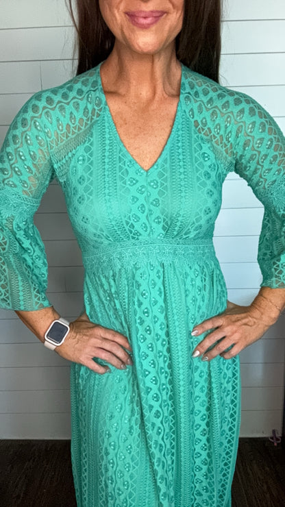 Teal or Black 3/4 Bell Sleeve Lace Maxi Dress