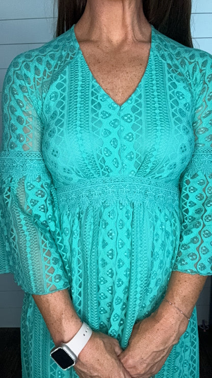 Teal or Black 3/4 Bell Sleeve Lace Maxi Dress