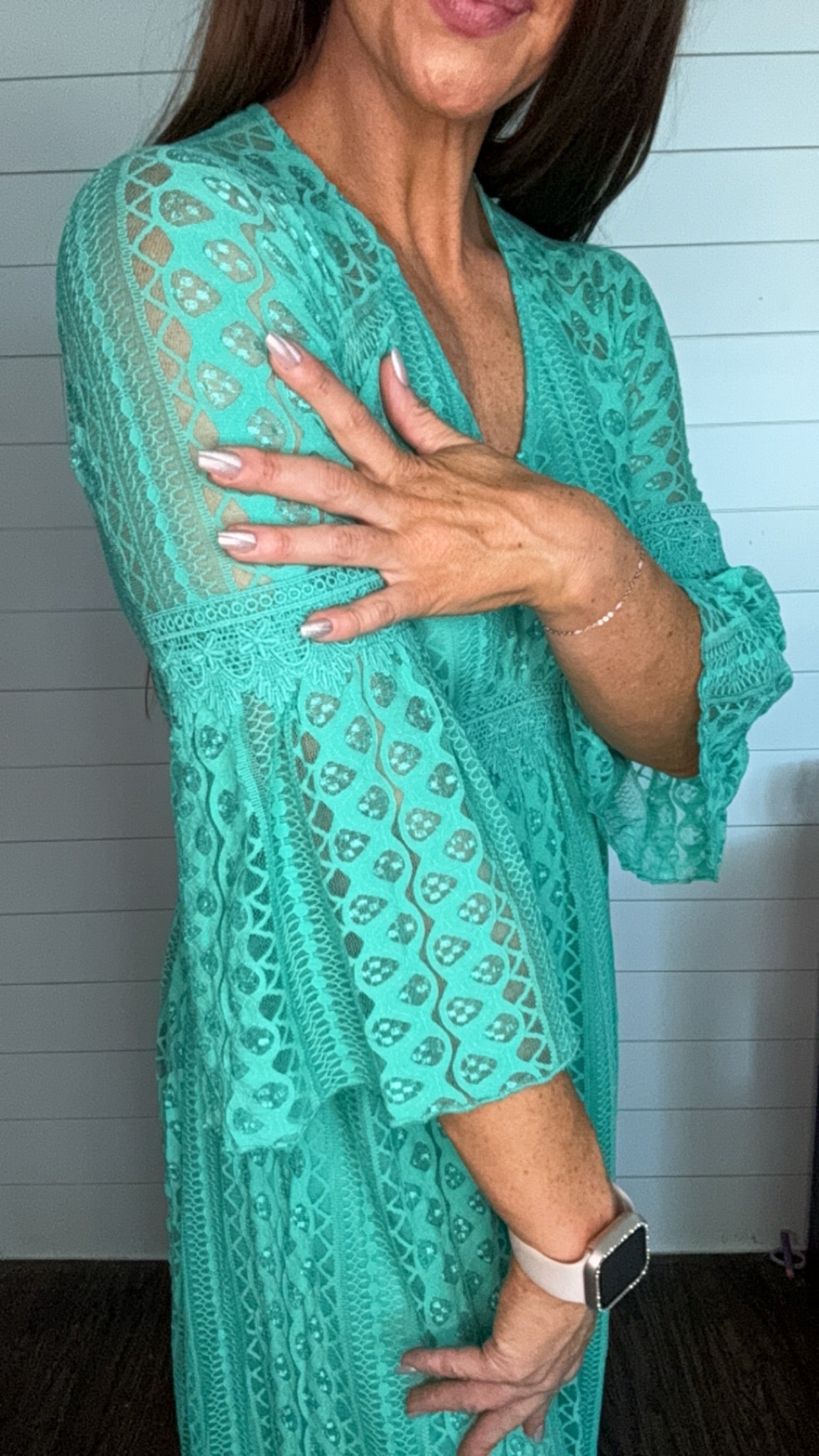 Teal or Black 3/4 Bell Sleeve Lace Maxi Dress