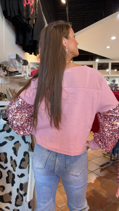 Pale Pink Cropped Sequin Long Sleeve Top