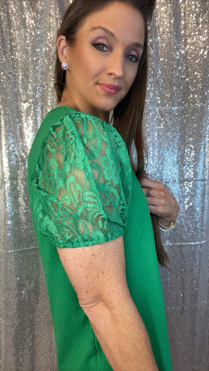Green Floral Lace Sleeve Ribbed Top
