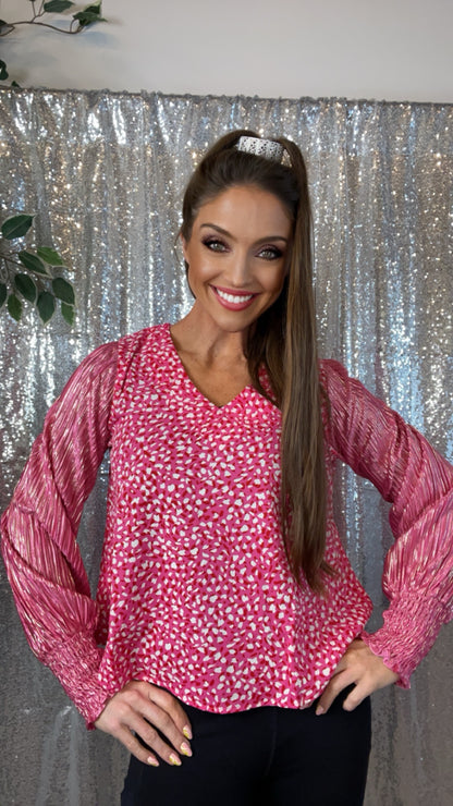 Pink Shimmer Sleeve Abstract Print Top