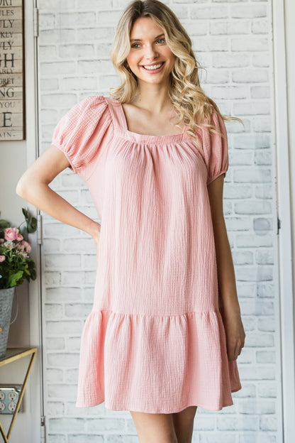 Solid Linen Puff Sleeve Square Neck Tie Open Back Tiered Dress