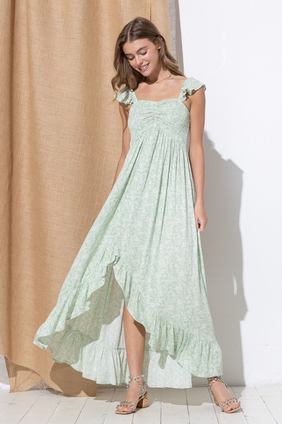 Lavender or sage Ruffle High-Low Maxi Dress