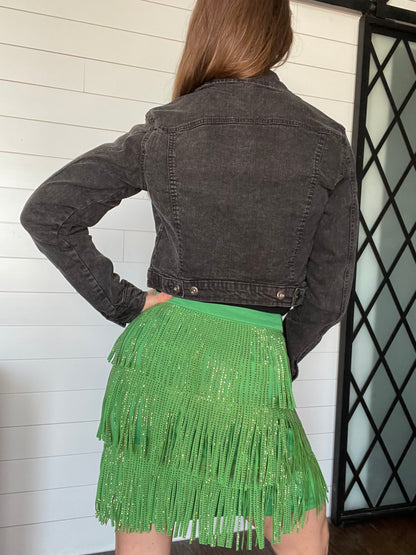Rhinestone Suede Fringe Skirt in Green