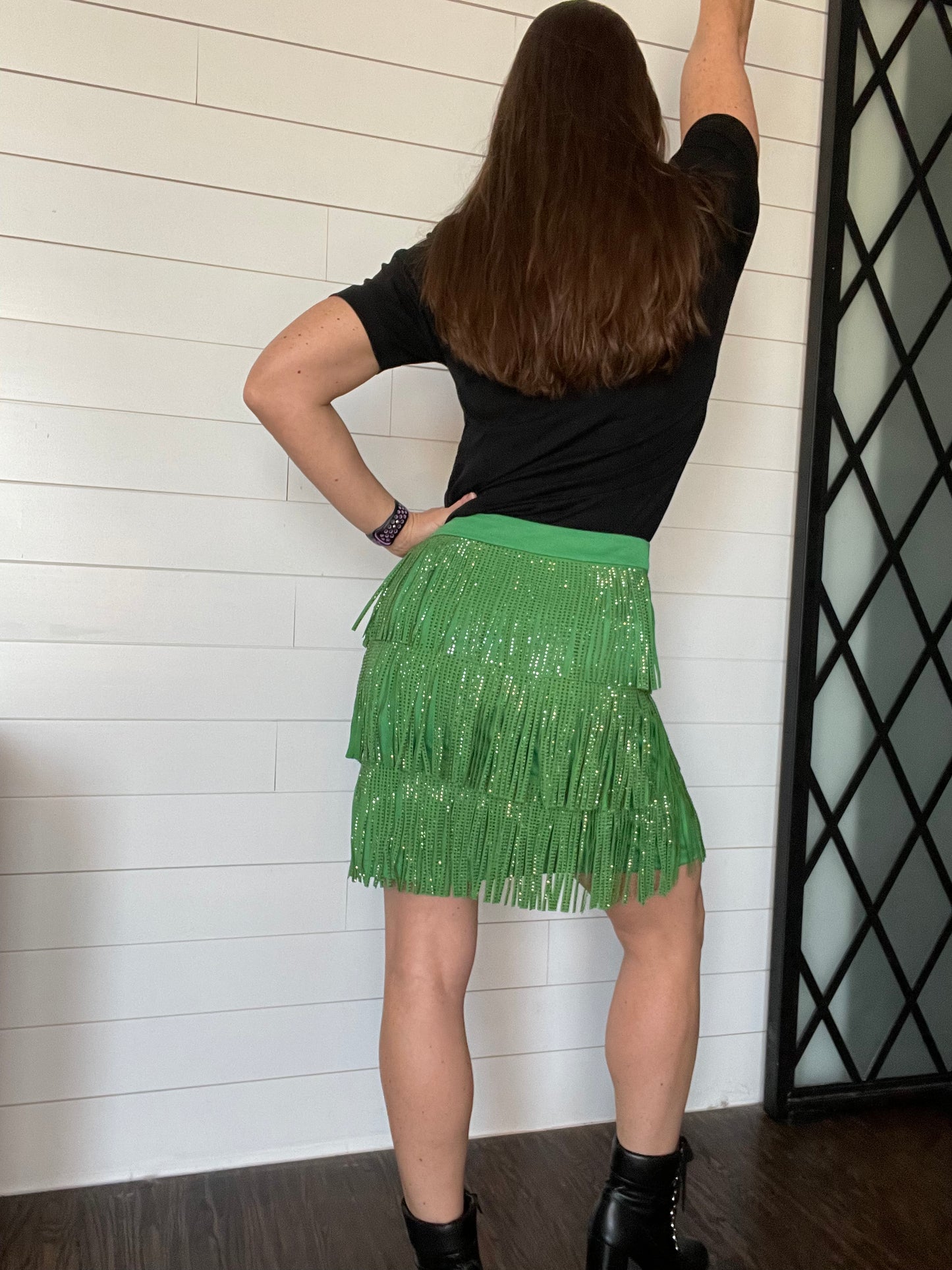 Rhinestone Suede Fringe Skirt in Green