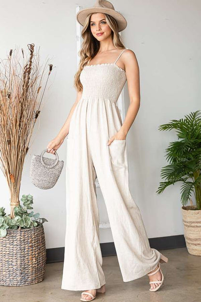 SOLID LINEN OATMEAL SMOCKED JUMPSUITS