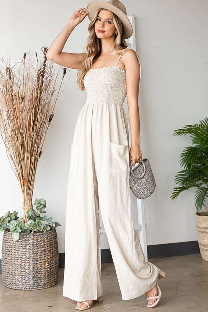 SOLID LINEN OATMEAL SMOCKED JUMPSUITS