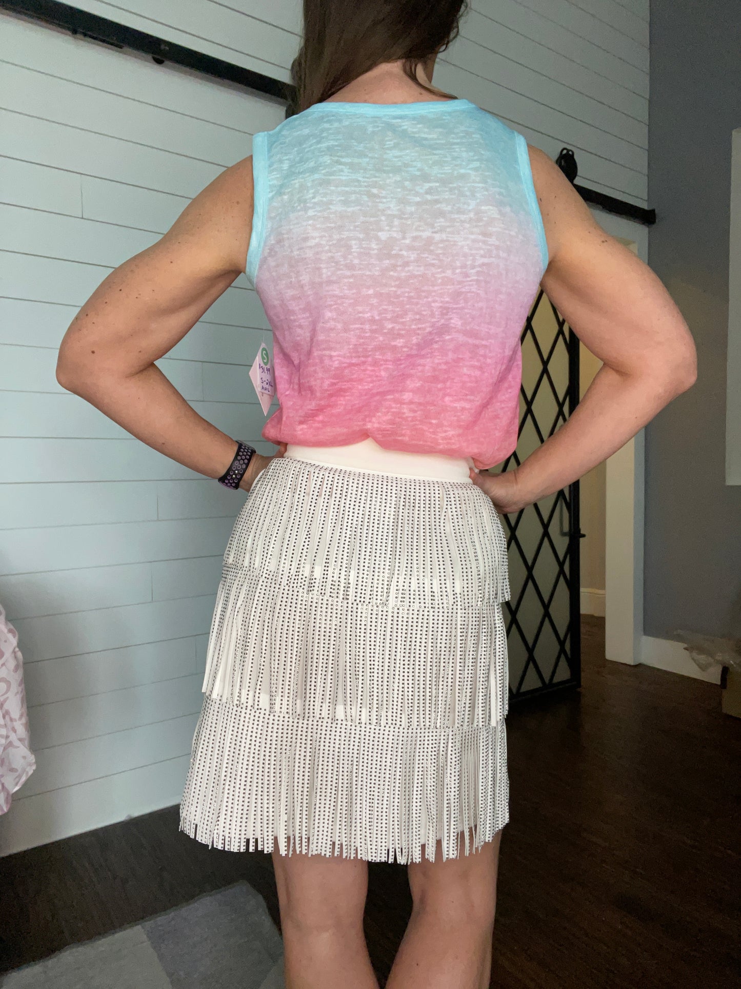 Rhinestone Suede Fringe Skirt in White